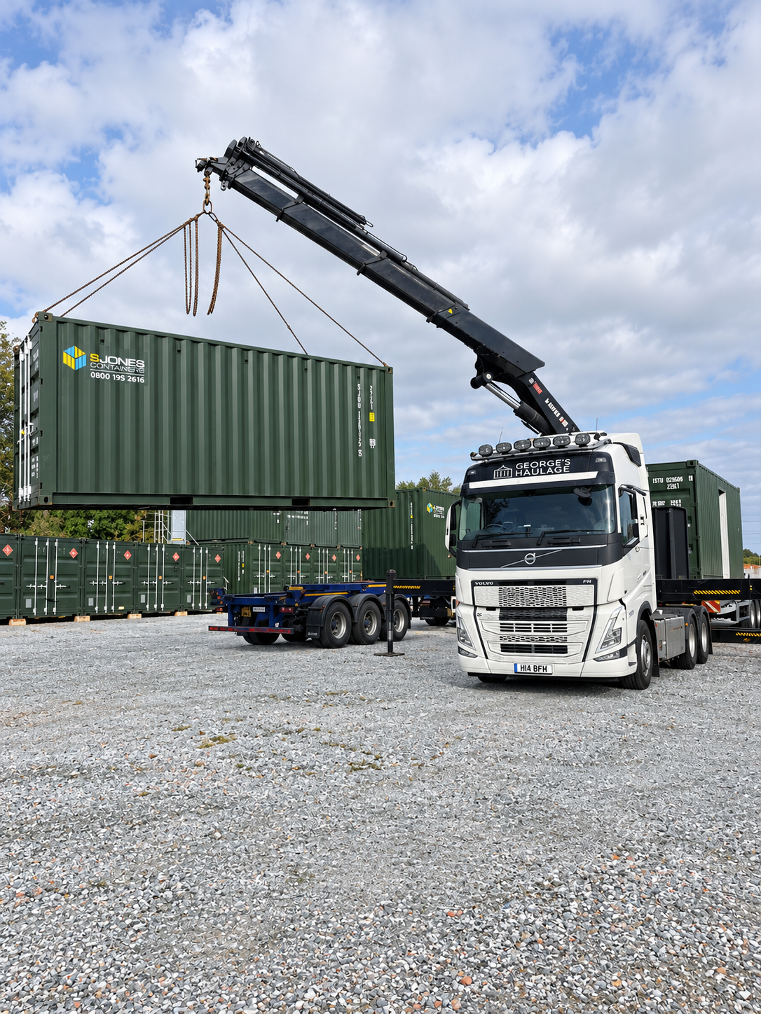 George's Haulage HIAB lifting a shipping container